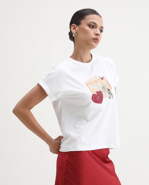 Rareism Women Somker Off white Half Sleeve Crew Neck Graphic Print T-Shirt