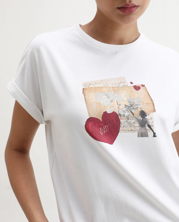 Rareism Women Somker Off white Half Sleeve Crew Neck Graphic Print T-Shirt