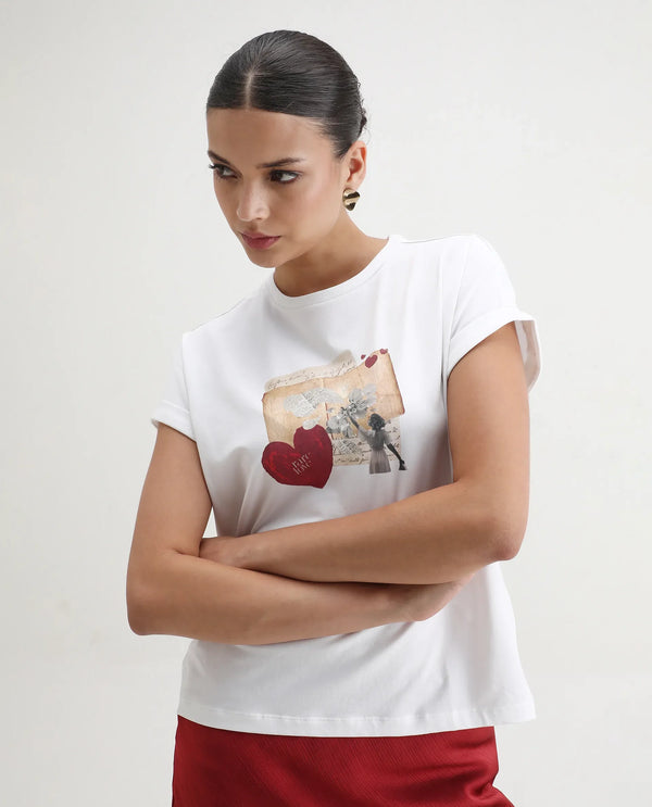 Rareism Women Somker Off white Half Sleeve Crew Neck Graphic Print T-Shirt