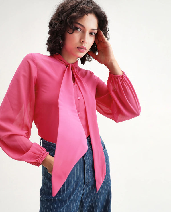 Rareism Women Sommer Pink Polyester Fabric Cuffed Sleeve Tie-Up Neck Button Closure Plain Top