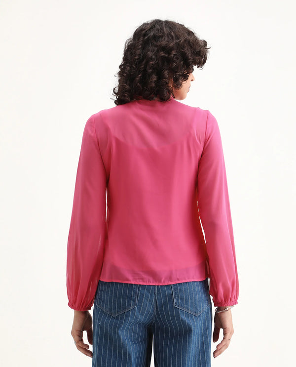 Rareism Women Sommer Pink Polyester Fabric Cuffed Sleeve Tie-Up Neck Button Closure Plain Top