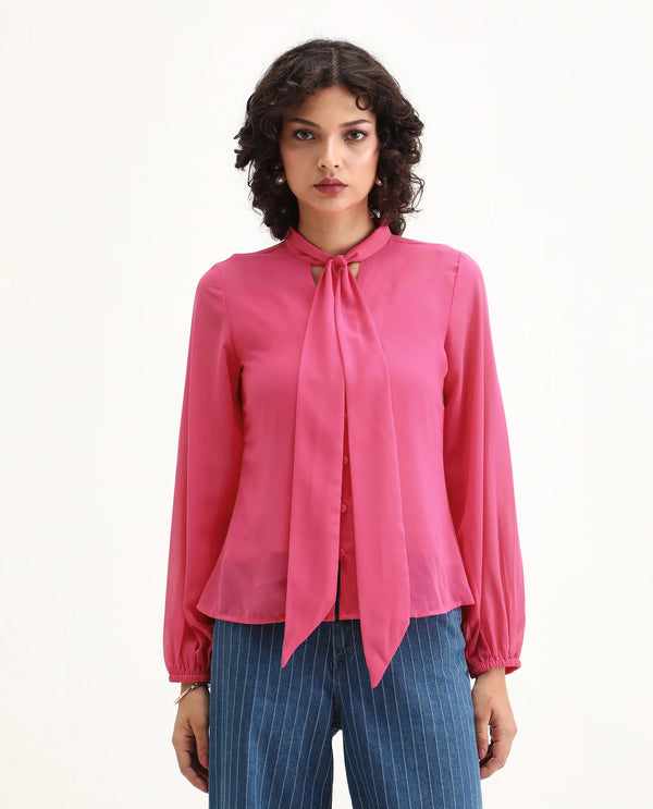 Rareism Women Sommer Pink Polyester Fabric Cuffed Sleeve Tie-Up Neck Button Closure Plain Top