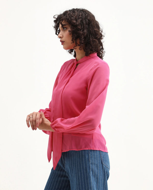 Rareism Women Sommer Pink Polyester Fabric Cuffed Sleeve Tie-Up Neck Button Closure Plain Top