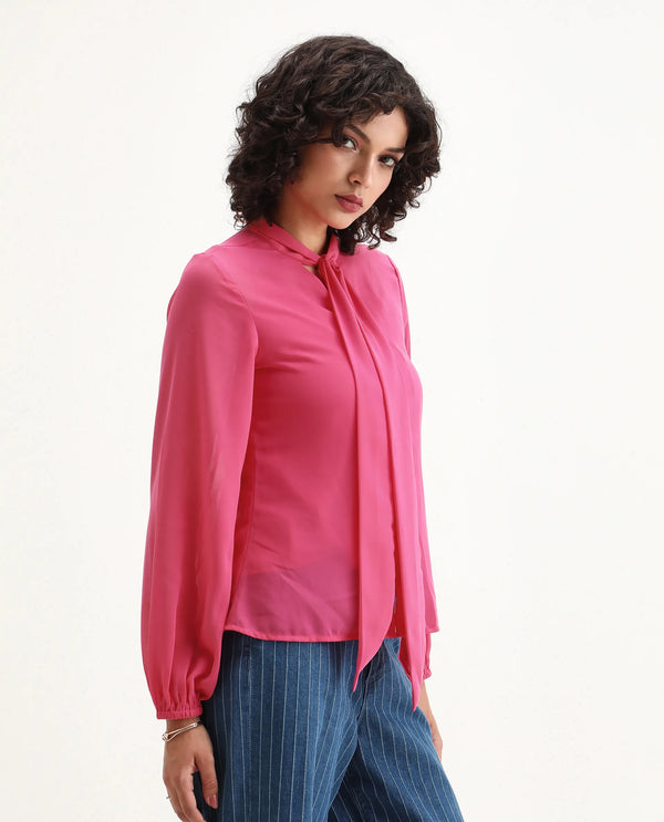 Rareism Women Sommer Pink Polyester Fabric Cuffed Sleeve Tie-Up Neck Button Closure Plain Top