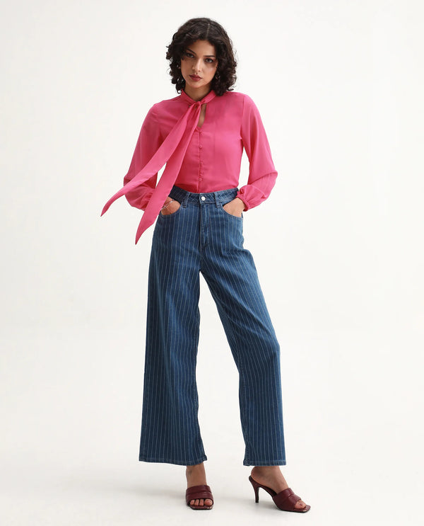 Rareism Women Sommer Pink Polyester Fabric Cuffed Sleeve Tie-Up Neck Button Closure Plain Top