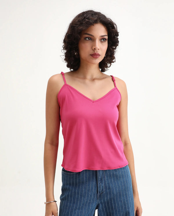 Rareism Women Sommer Pink Polyester Fabric Cuffed Sleeve Tie-Up Neck Button Closure Plain Top