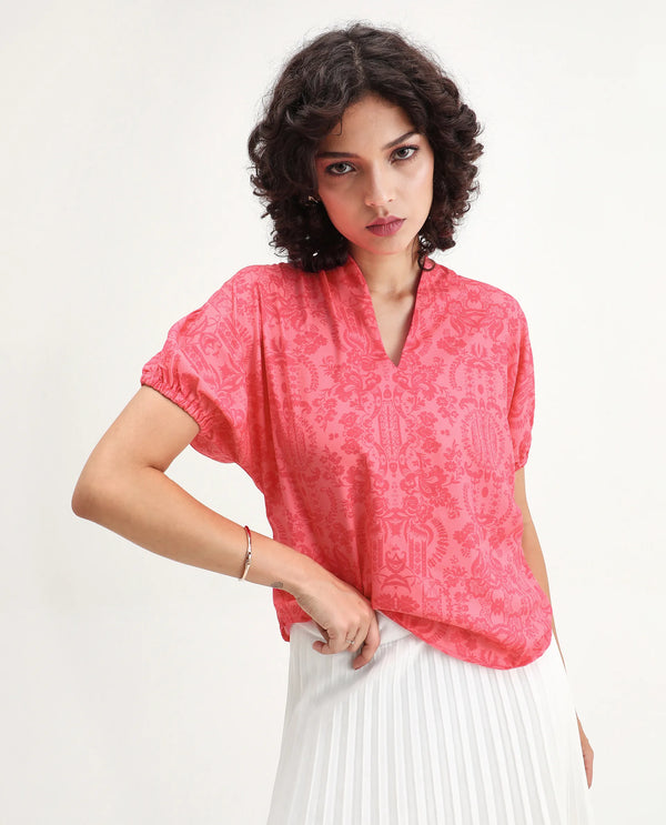 Rareism Women Somquil Pink Polyester Fabric Puffed Sleeve V-Neck Abstract Print Top