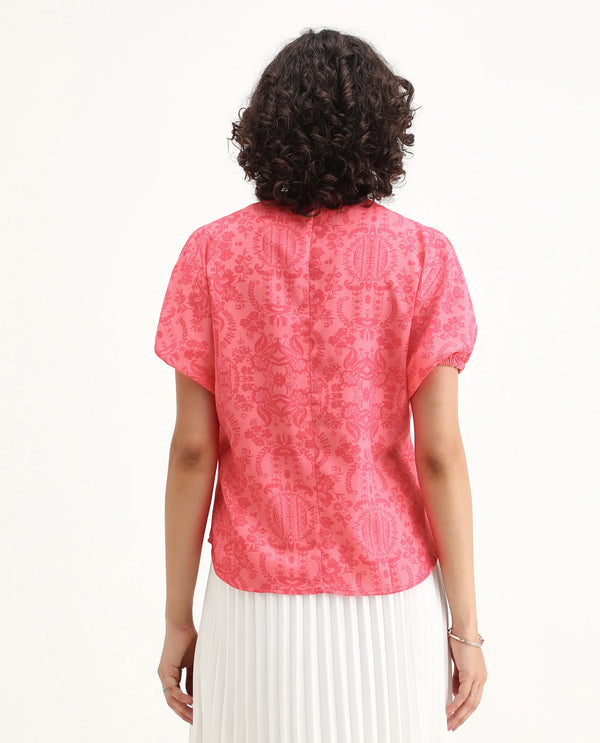 Rareism Women Somquil Pink Polyester Fabric Puffed Sleeve V-Neck Abstract Print Top