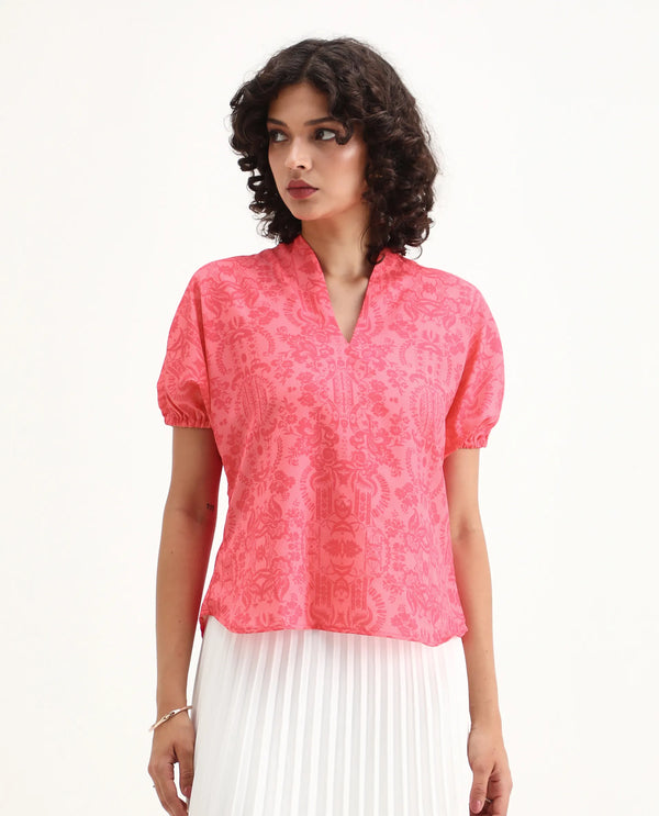 Rareism Women Somquil Pink Polyester Fabric Puffed Sleeve V-Neck Abstract Print Top