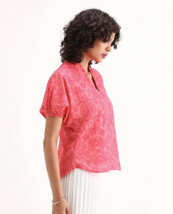 Rareism Women Somquil Pink Polyester Fabric Puffed Sleeve V-Neck Abstract Print Top