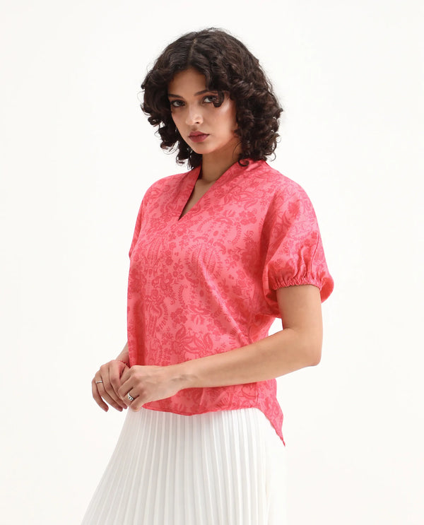 Rareism Women Somquil Pink Polyester Fabric Puffed Sleeve V-Neck Abstract Print Top