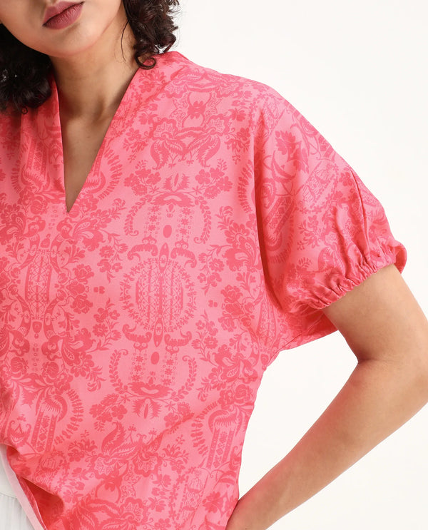 Rareism Women Somquil Pink Polyester Fabric Puffed Sleeve V-Neck Abstract Print Top