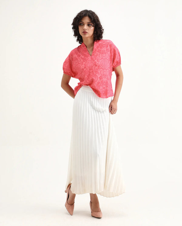 Rareism Women Somquil Pink Polyester Fabric Puffed Sleeve V-Neck Abstract Print Top