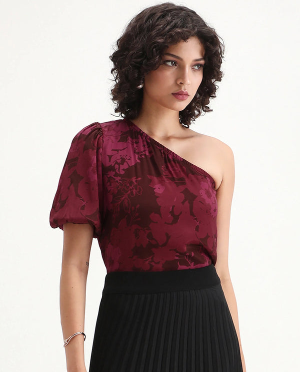 Rareism Women Somray Red Polyester Fabric One Shoulder Asymmetric Neck Floral Print Top