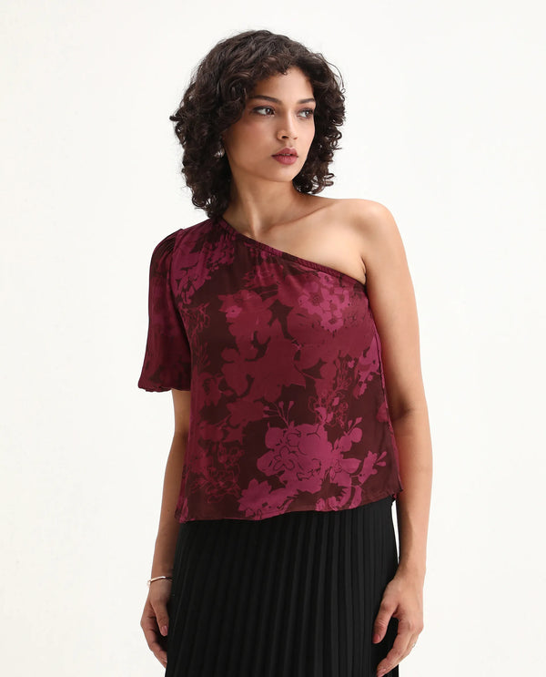 Rareism Women Somray Red Polyester Fabric One Shoulder Asymmetric Neck Floral Print Top