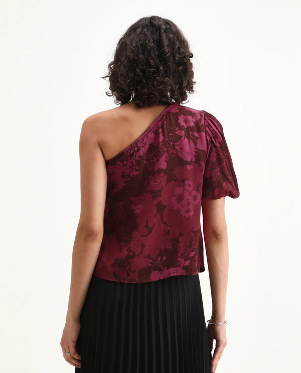 Rareism Women Somray Red Polyester Fabric One Shoulder Asymmetric Neck Floral Print Top