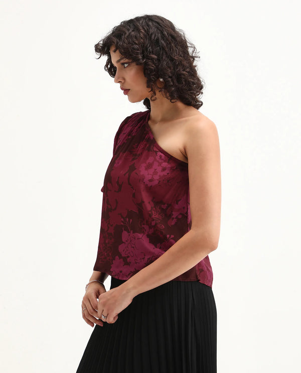 Rareism Women Somray Red Polyester Fabric One Shoulder Asymmetric Neck Floral Print Top