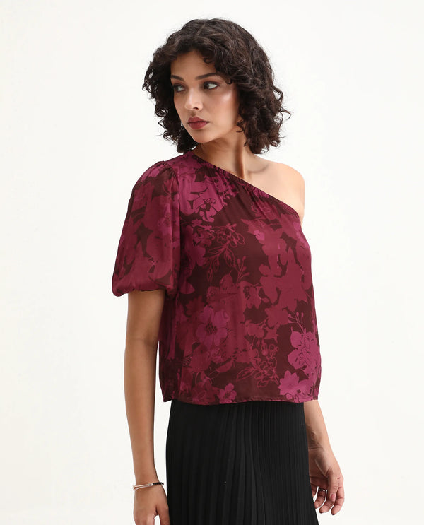 Rareism Women Somray Red Polyester Fabric One Shoulder Asymmetric Neck Floral Print Top