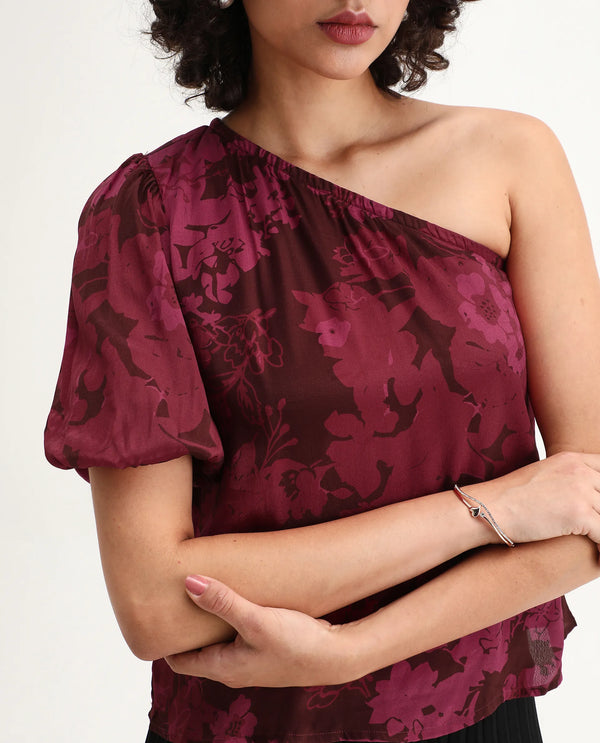 Rareism Women Somray Red Polyester Fabric One Shoulder Asymmetric Neck Floral Print Top