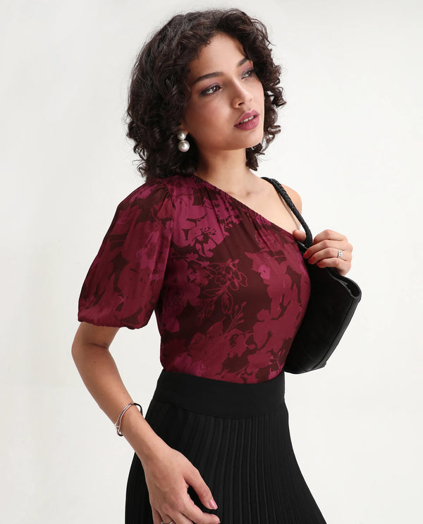 Rareism Women Somray Red Polyester Fabric One Shoulder Asymmetric Neck Floral Print Top