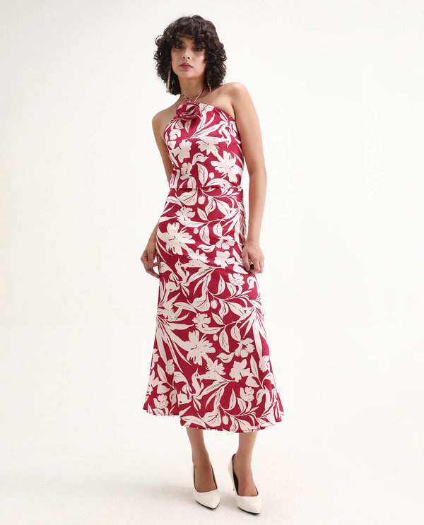 Rareism Women Somtar-B Pink Polyester Fabric Zipper Closure Straight Fit Midi Floral Print Skirt