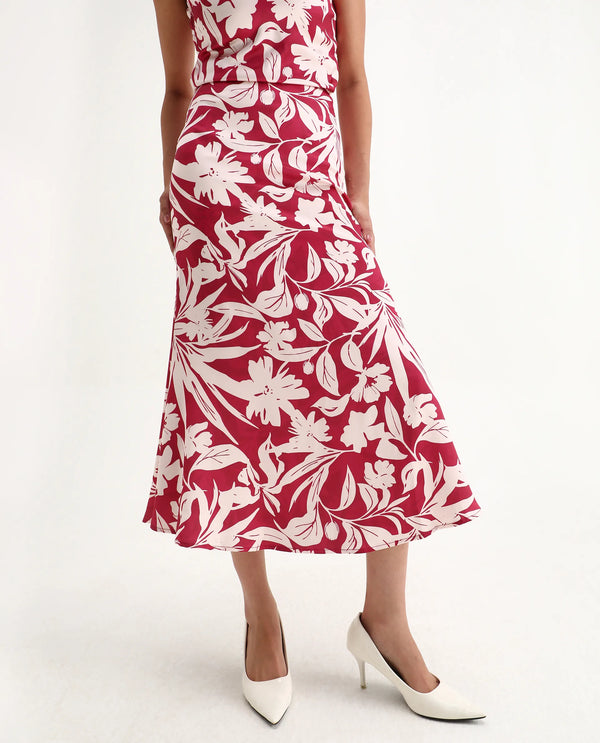 Rareism Women Somtar-B Pink Polyester Fabric Zipper Closure Straight Fit Midi Floral Print Skirt