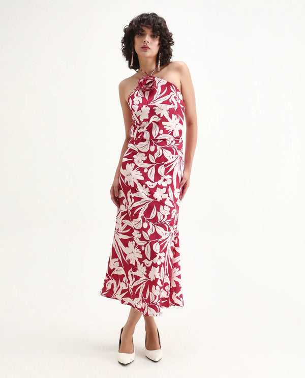 Rareism Women Somtar-B Pink Polyester Fabric Zipper Closure Straight Fit Midi Floral Print Skirt