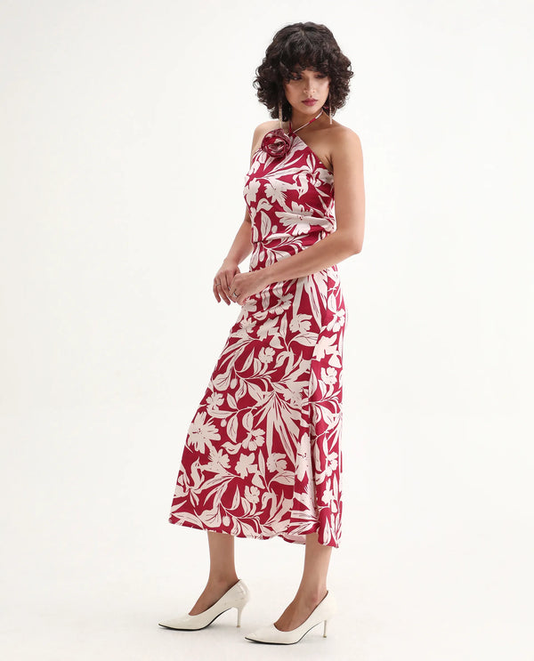 Rareism Women Somtar-B Pink Polyester Fabric Zipper Closure Straight Fit Midi Floral Print Skirt