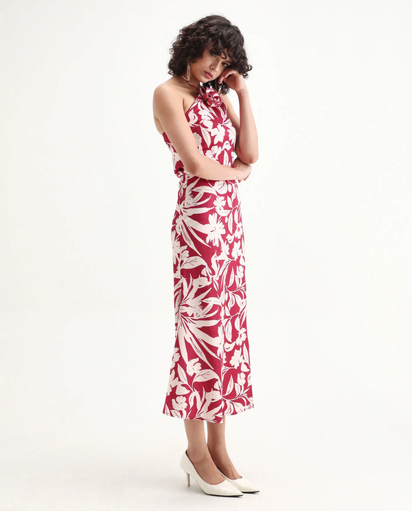 Rareism Women Somtar-B Pink Polyester Fabric Zipper Closure Straight Fit Midi Floral Print Skirt