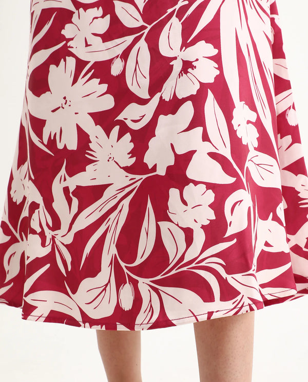 Rareism Women Somtar-B Pink Polyester Fabric Zipper Closure Straight Fit Midi Floral Print Skirt