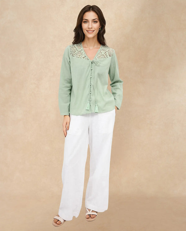 Rareism Women Sonoki Dusky Green Cotton Button Closure Full Sleeve V-Neck Relaxed Fit Plain Top