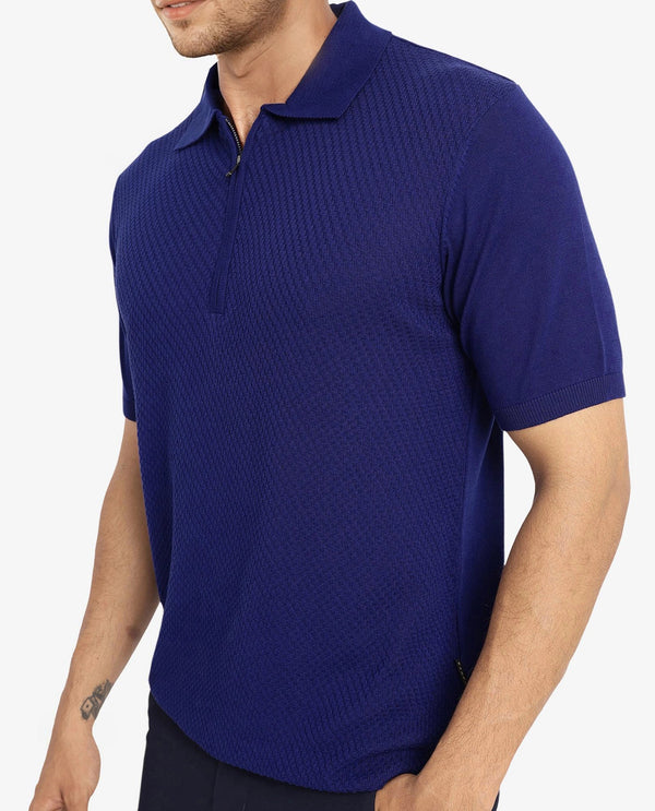 Rare Rabbit Men Sony Dark Blue Cotton Fabric Short Sleeve Zipper Closure Regular Fit Textured Polo T-Shirt