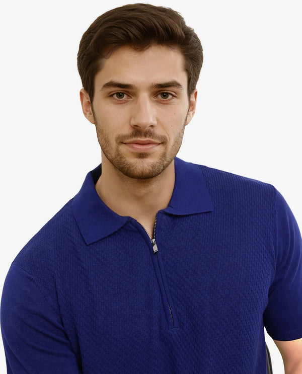 Rare Rabbit Men Sony Dark Blue Cotton Fabric Short Sleeve Zipper Closure Regular Fit Textured Polo T-Shirt