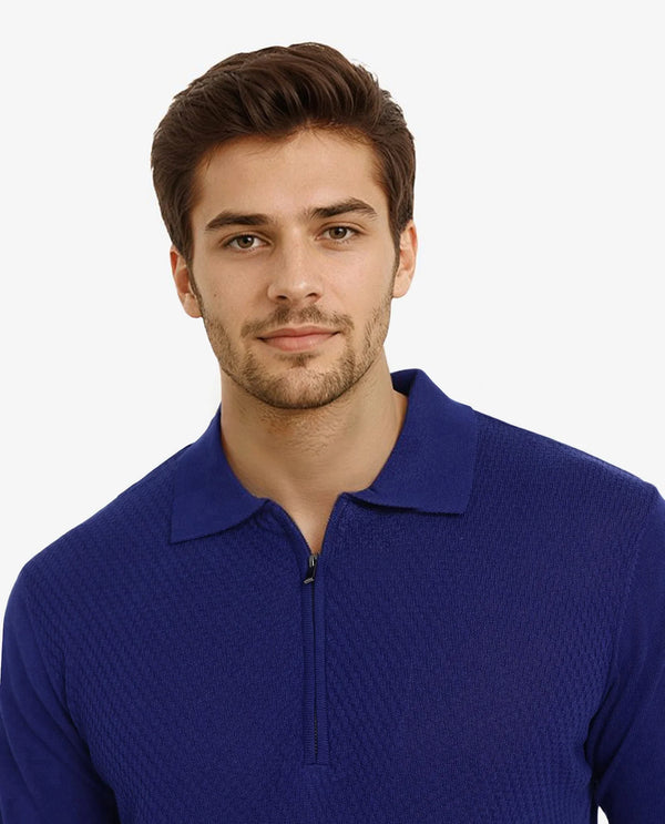 Rare Rabbit Men Sony Dark Blue Cotton Fabric Short Sleeve Zipper Closure Regular Fit Textured Polo T-Shirt