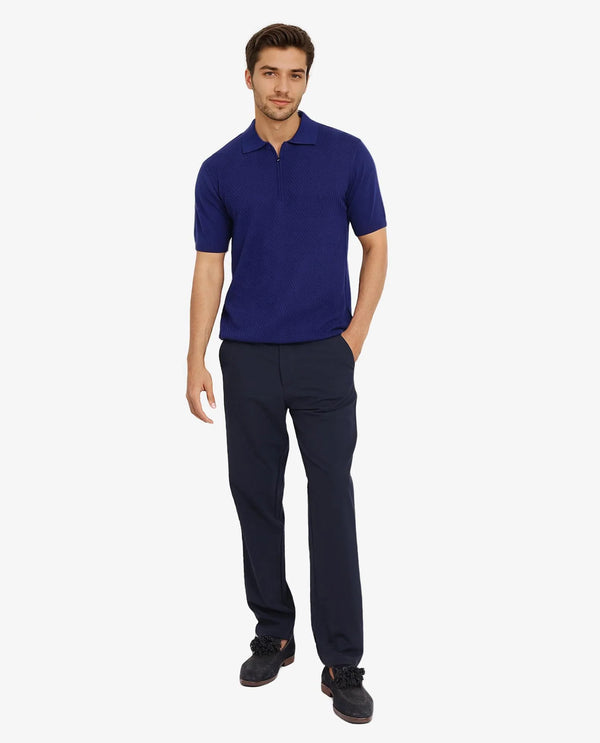 Rare Rabbit Men Sony Dark Blue Cotton Fabric Short Sleeve Zipper Closure Regular Fit Textured Polo T-Shirt