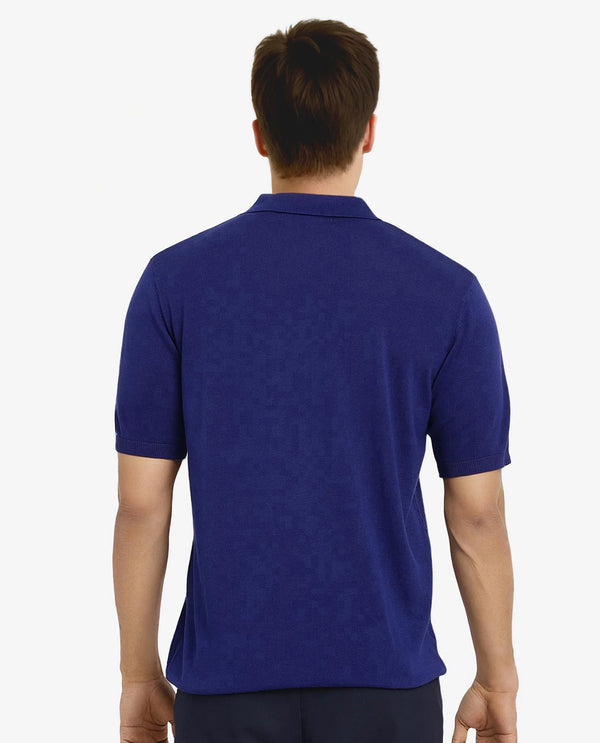 Rare Rabbit Men Sony Dark Blue Cotton Fabric Short Sleeve Zipper Closure Regular Fit Textured Polo T-Shirt
