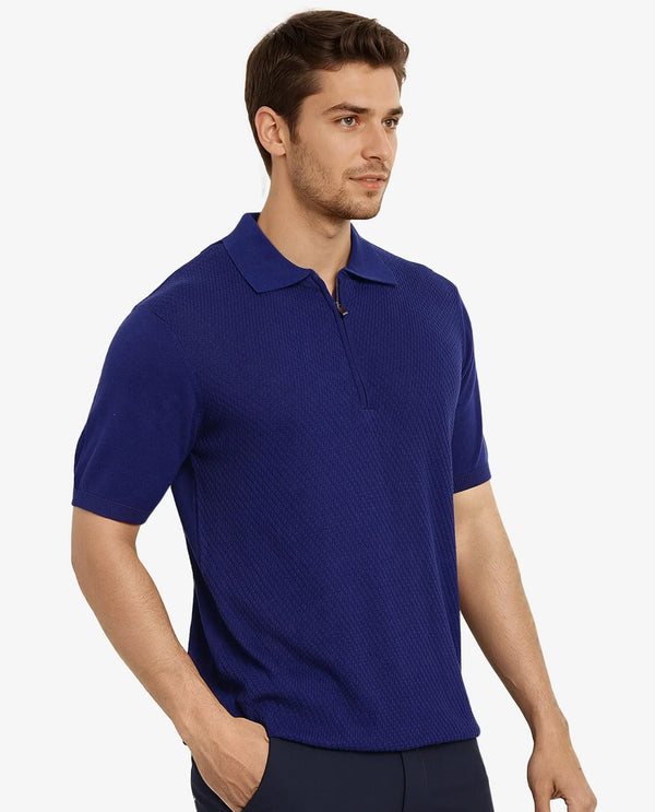 Rare Rabbit Men Sony Dark Blue Cotton Fabric Short Sleeve Zipper Closure Regular Fit Textured Polo T-Shirt