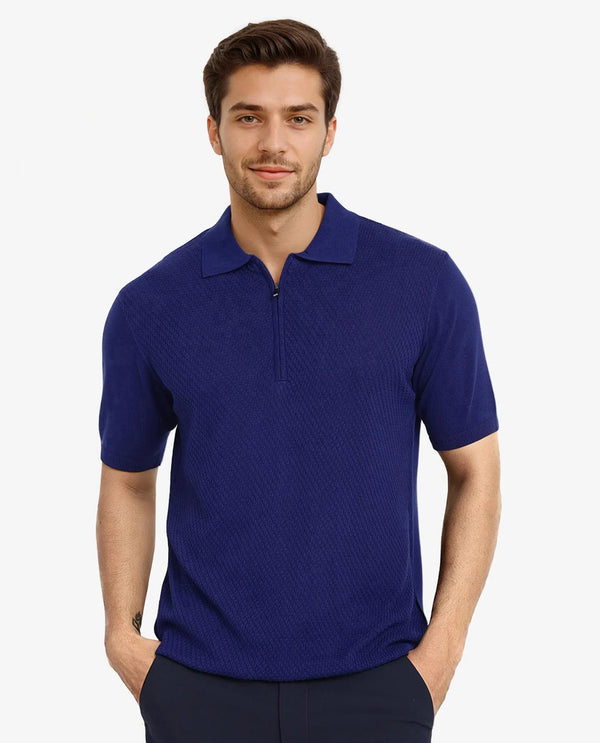Rare Rabbit Men Sony Dark Blue Cotton Fabric Short Sleeve Zipper Closure Regular Fit Textured Polo T-Shirt