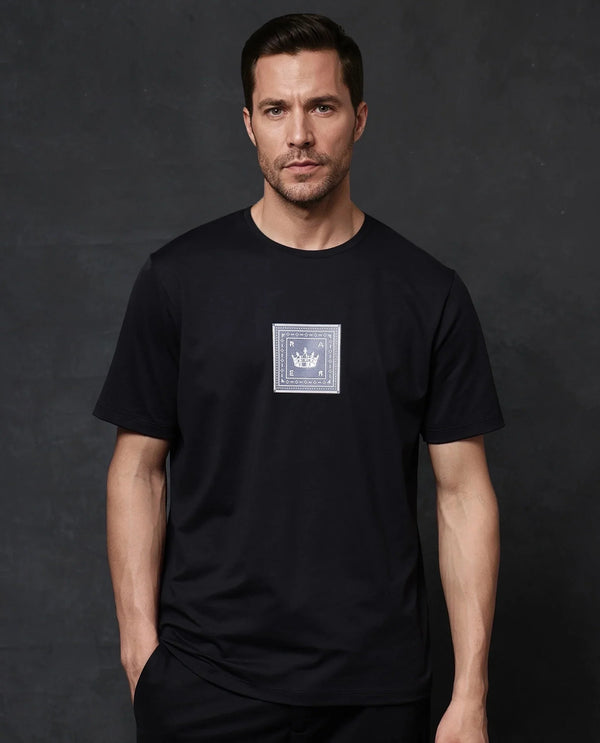 Rare Rabbit Men Spectre Black Cotton Polyester Lycra Fabric Short Sleeve Crew Neck Regular Fit Graphic Print T-Shirt