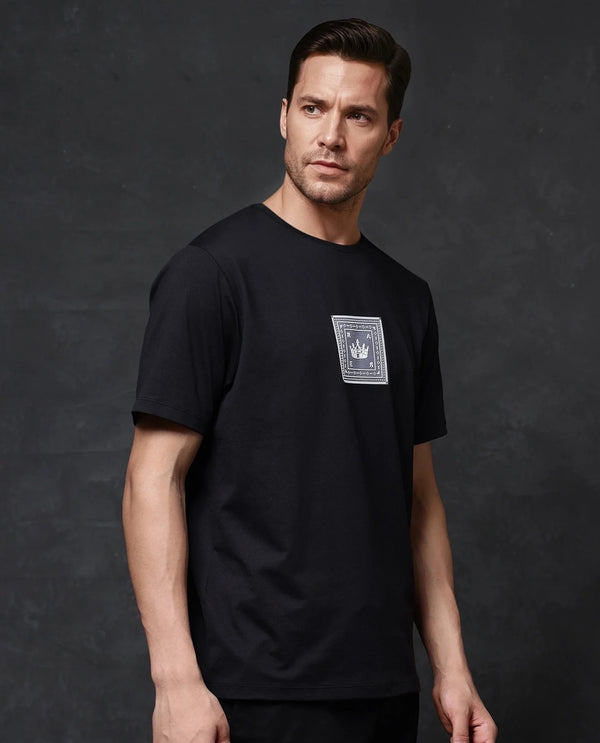 Rare Rabbit Men Spectre Black Cotton Polyester Lycra Fabric Short Sleeve Crew Neck Regular Fit Graphic Print T-Shirt