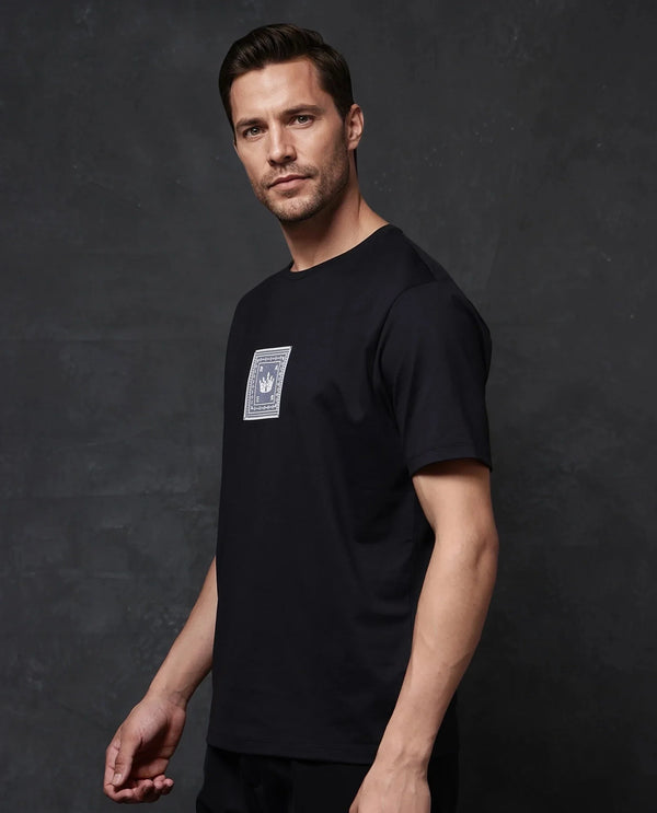 Rare Rabbit Men Spectre Black Cotton Polyester Lycra Fabric Short Sleeve Crew Neck Regular Fit Graphic Print T-Shirt
