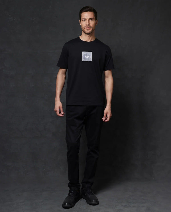 Rare Rabbit Men Spectre Black Cotton Polyester Lycra Fabric Short Sleeve Crew Neck Regular Fit Graphic Print T-Shirt