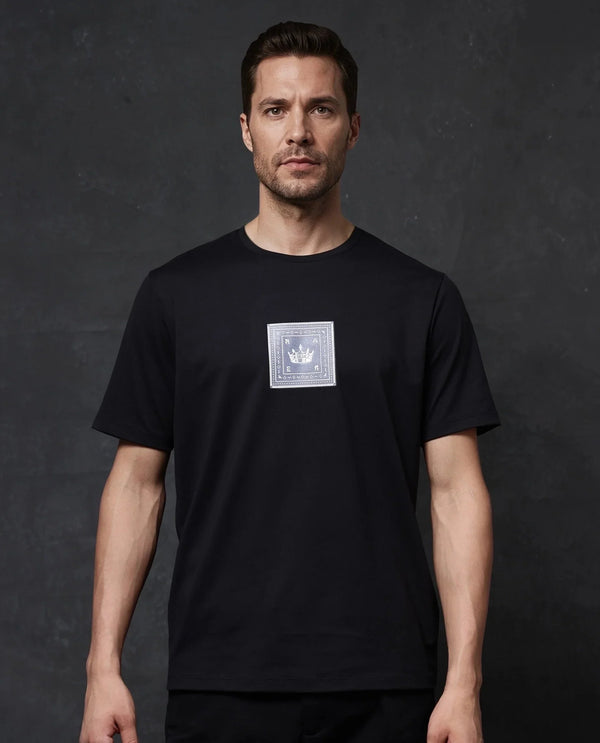 Rare Rabbit Men Spectre Black Cotton Polyester Lycra Fabric Short Sleeve Crew Neck Regular Fit Graphic Print T-Shirt