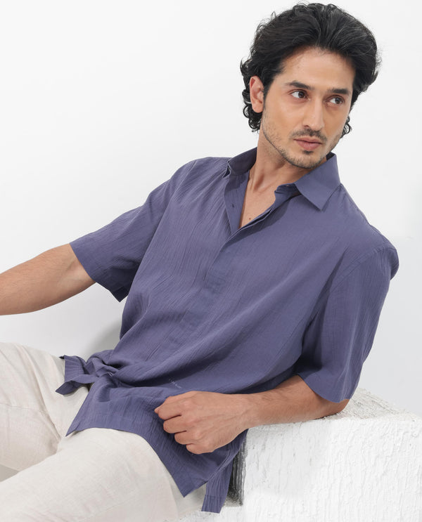 Rare Rabbit Mens Crinkle SS Dusky Purple Cotton Fabric Short Sleeve Boxy Fit Crinkle Effect Solid Shirt