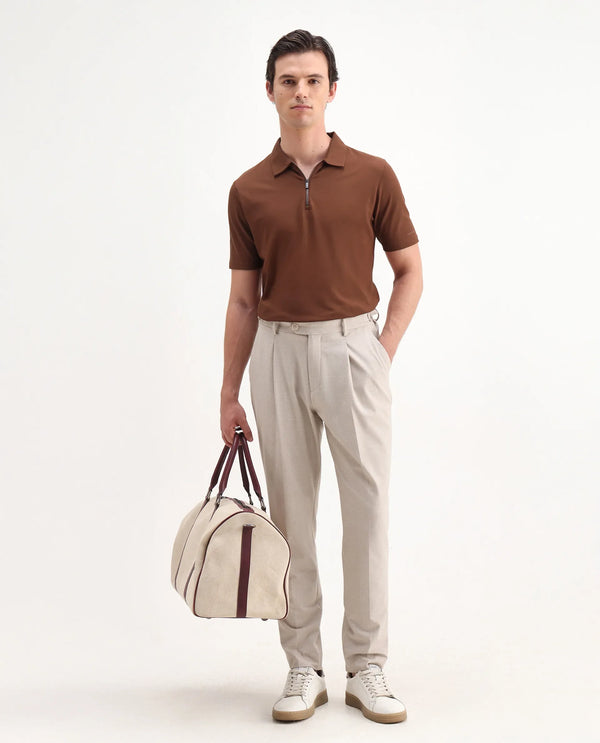 Rare Rabbit Mens Stan-2 Dusky Rust Cotton Fabric Collared Neck Zipper Closure Half Sleeves Polo T-Shirt