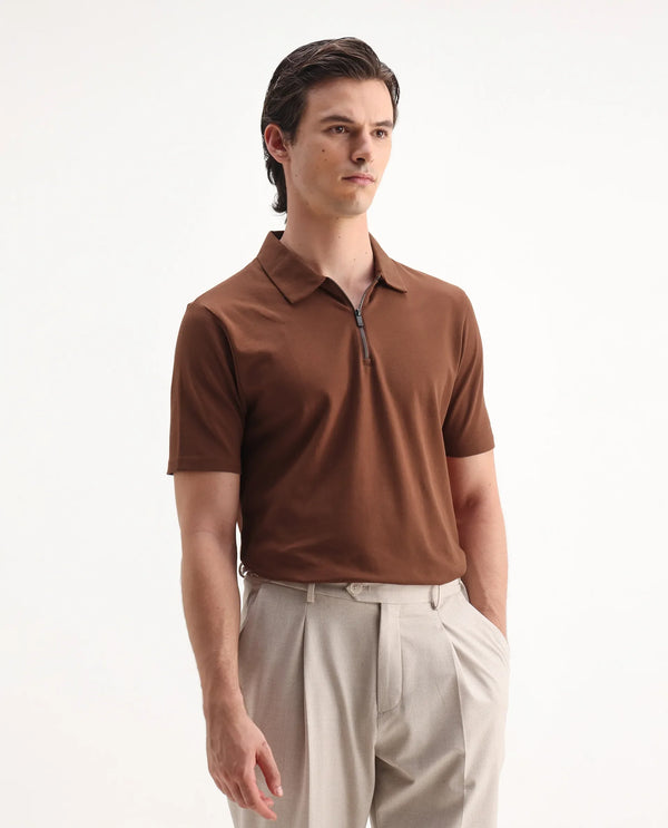Rare Rabbit Mens Stan-2 Dusky Rust Cotton Fabric Collared Neck Zipper Closure Half Sleeves Polo T-Shirt