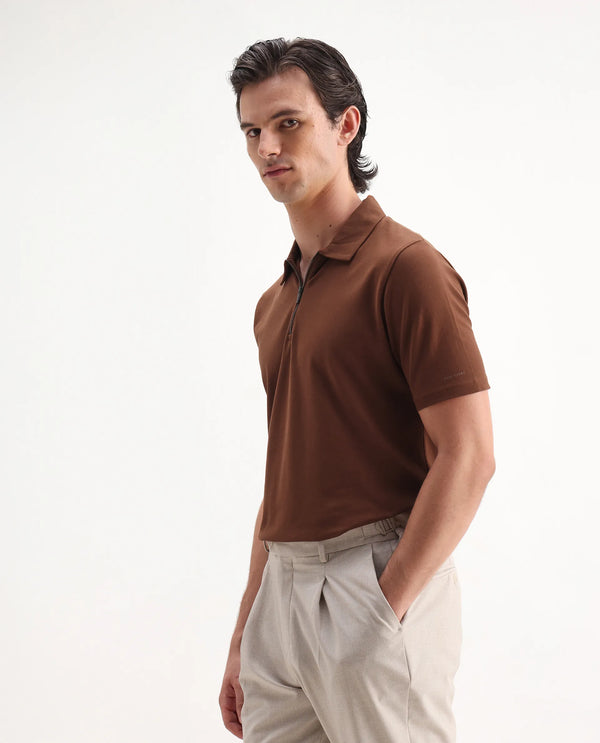 Rare Rabbit Mens Stan-2 Dusky Rust Cotton Fabric Collared Neck Zipper Closure Half Sleeves Polo T-Shirt