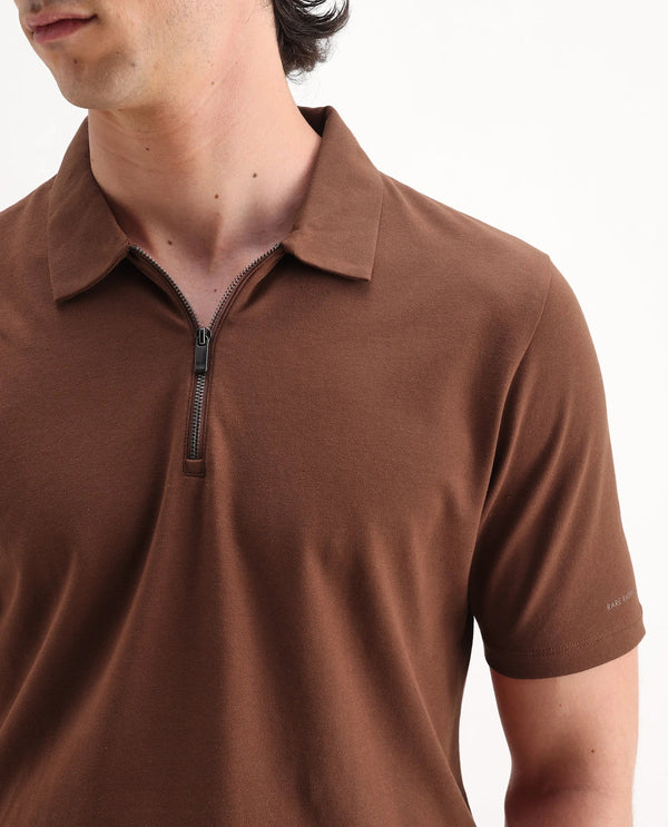 Rare Rabbit Mens Stan-2 Dusky Rust Cotton Fabric Collared Neck Zipper Closure Half Sleeves Polo T-Shirt