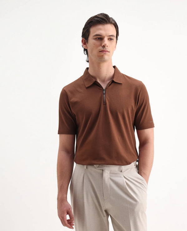 Rare Rabbit Mens Stan-2 Dusky Rust Cotton Fabric Collared Neck Zipper Closure Half Sleeves Polo T-Shirt