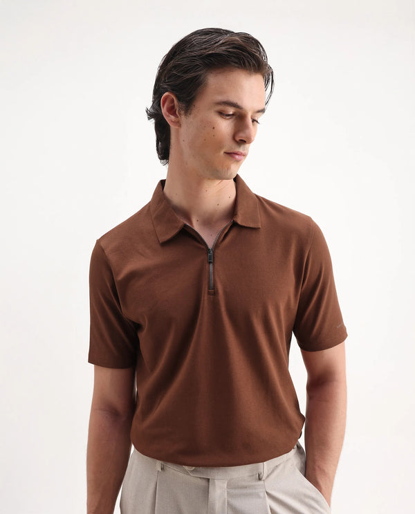 Rare Rabbit Mens Stan-2 Dusky Rust Cotton Fabric Collared Neck Zipper Closure Half Sleeves Polo T-Shirt